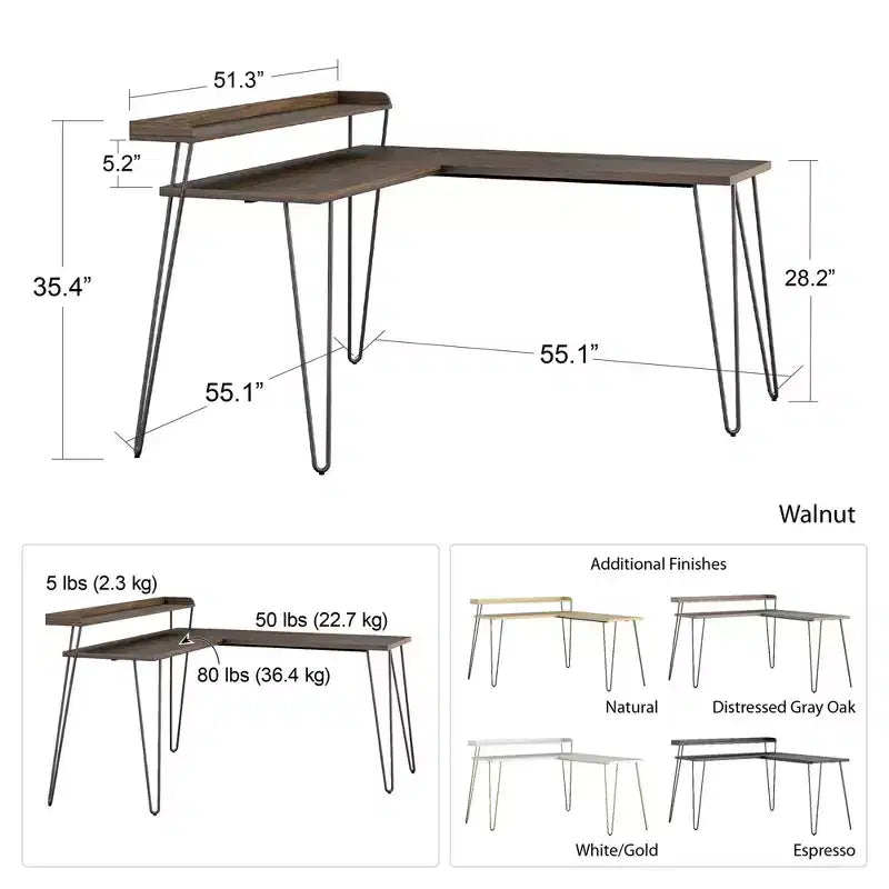 Bureau en L Ameriwood Home Haven avec étagère surélevée