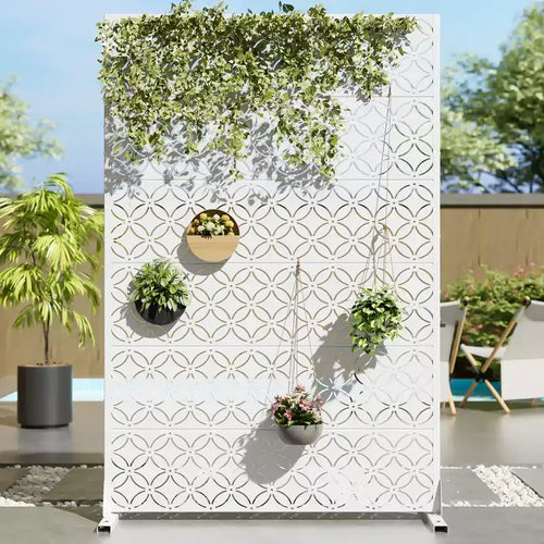 Jardinière en métal blanc Dovelina 72 H47W avec treillis pour brise-vue pour café, terrasse, jardin et balcons
