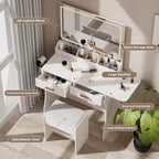 Homesflex Coiffeuse Moderne Blanche avec Lumières Réglables, Miroir et Rangement - Ensemble Complet avec Tiroirs, Étagères et Tabouret
