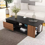 Table basse extensible Table basse relevable Table d'appoint en bois réglable avec 2 tiroirs de rangement, Noir+Noyer-ModernLuxe