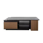 Table basse extensible Table basse relevable Table d'appoint en bois réglable avec 2 tiroirs de rangement, Noir+Noyer-ModernLuxe