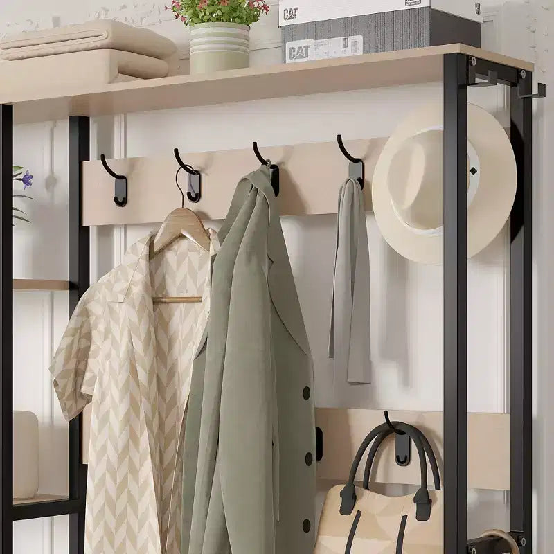 Meuble d'entrée VECELO avec banc et rangement à chaussures, portemanteau d'entrée 5-en-1 avec 9 crochets, étagères de rangement à 2 niveaux et portes en rotin, beige