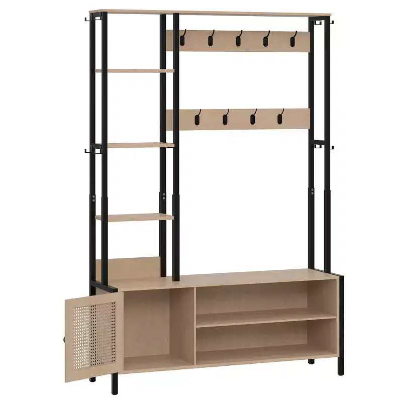 Meuble d'entrée VECELO avec banc et rangement à chaussures, portemanteau d'entrée 5-en-1 avec 9 crochets, étagères de rangement à 2 niveaux et portes en rotin, beige