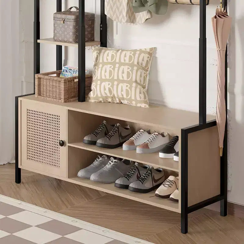 Meuble d'entrée VECELO avec banc et rangement à chaussures, portemanteau d'entrée 5-en-1 avec 9 crochets, étagères de rangement à 2 niveaux et portes en rotin, beige