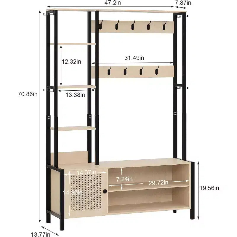Meuble d'entrée VECELO avec banc et rangement à chaussures, portemanteau d'entrée 5-en-1 avec 9 crochets, étagères de rangement à 2 niveaux et portes en rotin, beige