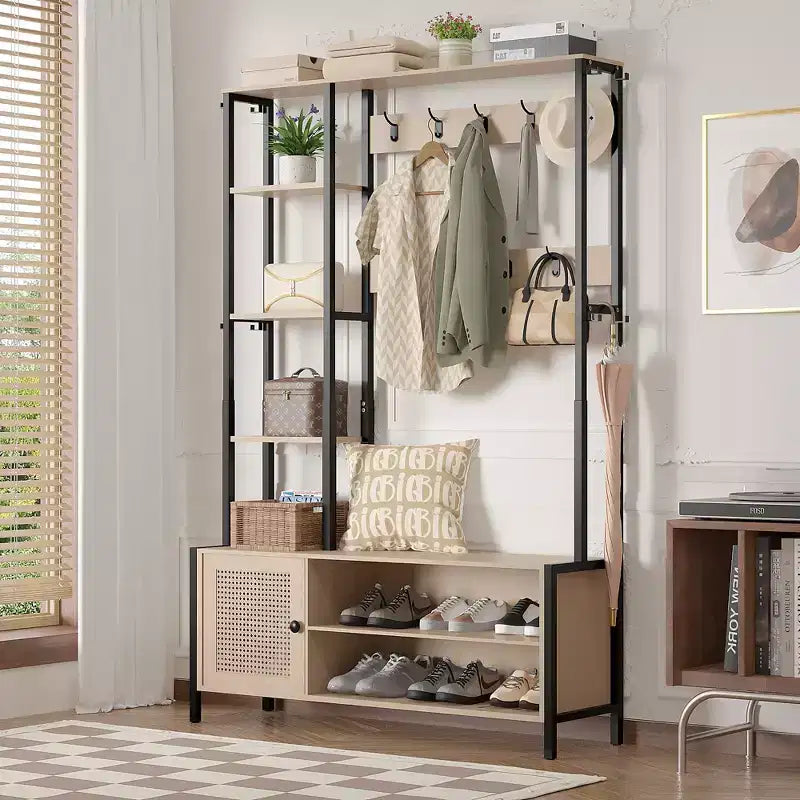 Meuble d'entrée VECELO avec banc et rangement à chaussures, portemanteau d'entrée 5-en-1 avec 9 crochets, étagères de rangement à 2 niveaux et portes en rotin, beige