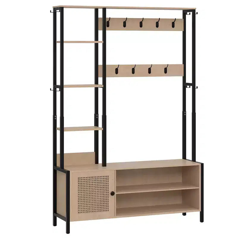 Meuble d'entrée VECELO avec banc et rangement à chaussures, portemanteau d'entrée 5-en-1 avec 9 crochets, étagères de rangement à 2 niveaux et portes en rotin, beige