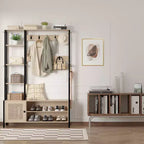 Meuble d'entrée VECELO avec banc et rangement à chaussures, portemanteau d'entrée 5-en-1 avec 9 crochets, étagères de rangement à 2 niveaux et portes en rotin, beige