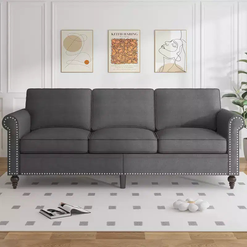 Canapé moderne 3 places en tissu de lin Mjkone avec rivets