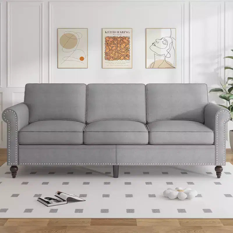 Canapé moderne 3 places en tissu de lin Mjkone avec rivets