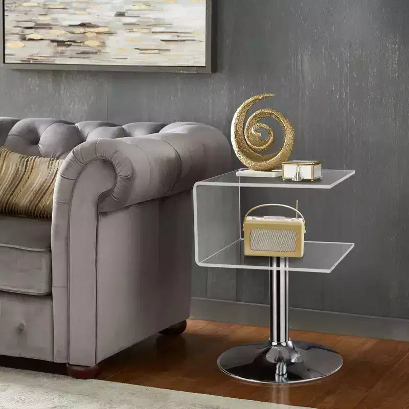 Bekrvio Table d'appoint en acrylique transparent de 40 cm en forme de C avec base en acier inoxydable, petite table de bout moderne à double couche pour canapé, table de chevet dans le salon