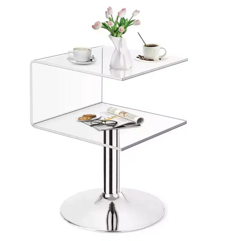 Bekrvio Table d'appoint en acrylique transparent de 40 cm en forme de C avec base en acier inoxydable, petite table de bout moderne à double couche pour canapé, table de chevet dans le salon