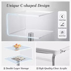 Bekrvio Table d'appoint en acrylique transparent de 40 cm en forme de C avec base en acier inoxydable, petite table de bout moderne à double couche pour canapé, table de chevet dans le salon