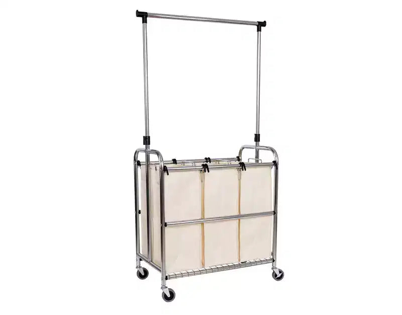 Trieur à linge Seville Classics à 3 sacs en acier à roulettes avec tringle de suspension