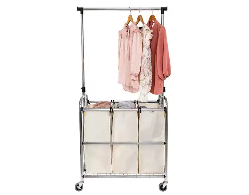 Trieur à linge Seville Classics à 3 sacs en acier à roulettes avec tringle de suspension