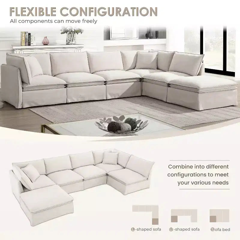 Whisen Canapé sectionnel modulaire 6 places 125,5 avec pouf mobile Tissu chenille siège large Combinaison libre pour salon appartement