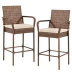 EROMMY Tabourets de bar d'extérieur en osier, lot de 2, tabourets de bar en rotin tressé avec coussins amovibles, accoudoirs et dossier ergonomiques