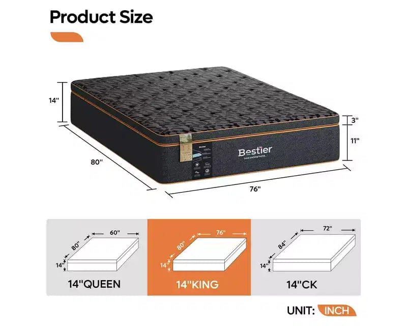 Matelas Bestier 14 King Size, matelas en mousse à mémoire de forme et gel rafraîchissant noir, matelas en laine biologique, support lombaire à ressorts pour un confort supérieur, CertiPUR-US