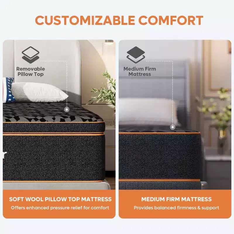 Matelas Bestier 14 King Size, matelas en mousse à mémoire de forme et gel rafraîchissant noir, matelas en laine biologique, support lombaire à ressorts pour un confort supérieur, CertiPUR-US