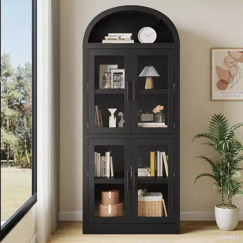 71.4in Tall Wooden Arched Bookshelf with Doors Farmhouse Rounded Bookcases for Living Room, Kitchen, Office (Black)