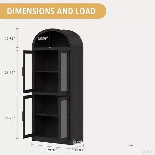 Bibliothèque en bois à arcades de 181 cm de haut avec portes, étagères arrondies style ferme pour salon, cuisine, bureau (noir)