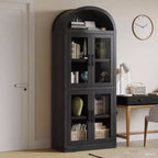 Bibliothèque en bois à arcades de 181 cm de haut avec portes, étagères arrondies style ferme pour salon, cuisine, bureau (noir)