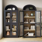 Bibliothèque en bois à arcades de 181 cm de haut avec portes, étagères arrondies style ferme pour salon, cuisine, bureau (noir)