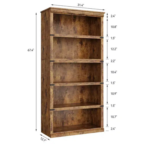 Bibliothèque à 5 niveaux, étagère de rangement ouverte style ferme, 31,4 x 12,7 x 67,4 pouces