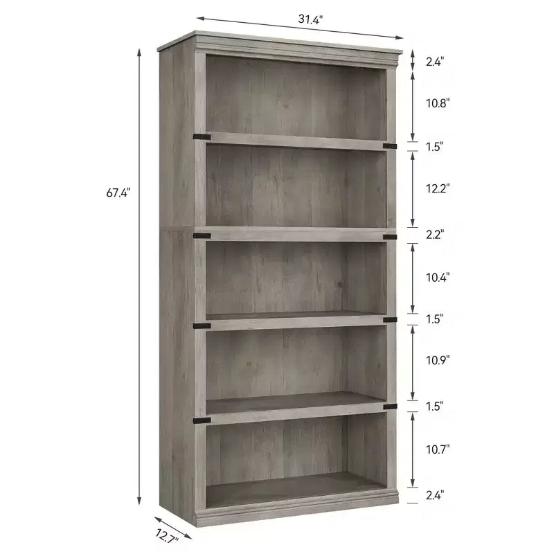 Bibliothèque à 5 niveaux, étagère de rangement ouverte style ferme, 31,4 x 12,7 x 67,4 pouces