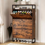 GARPROVM Meuble à chaussures en bois de style mi-siècle avec 3 portes basculantes et étagères amovibles, rangement pour chaussures d'entrée
