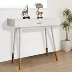Table console eHemco Euro avec tiroir et pieds en bambou pour couloir et salon, blanc et chêne foncé