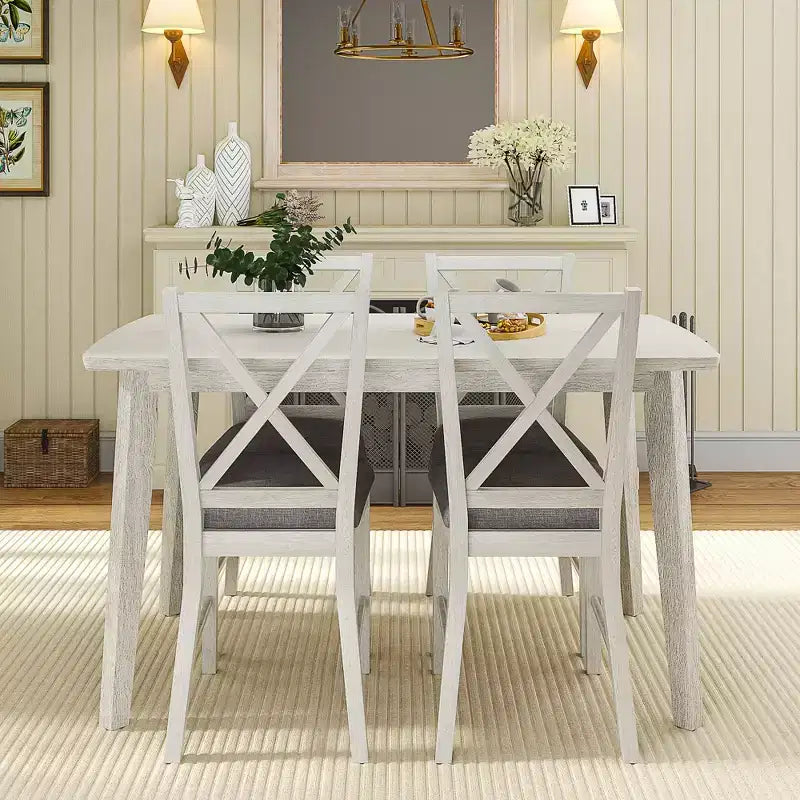 Ensemble de table à manger de style ferme VECELO, table en bois d'hévéa et chaises de salle à manger rembourrées, gris
