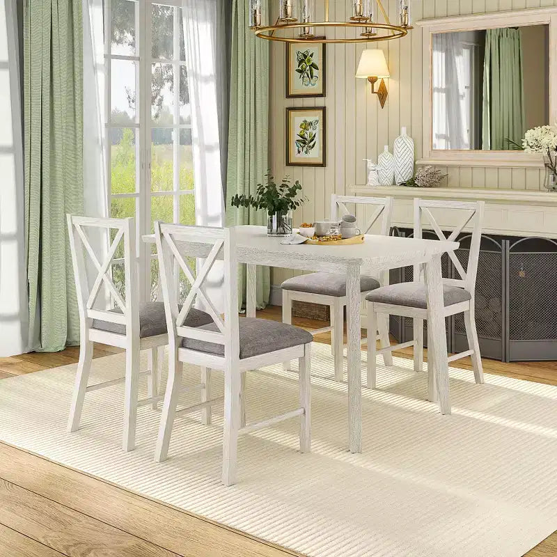 Ensemble de table à manger de style ferme VECELO, table en bois d'hévéa et chaises de salle à manger rembourrées, gris