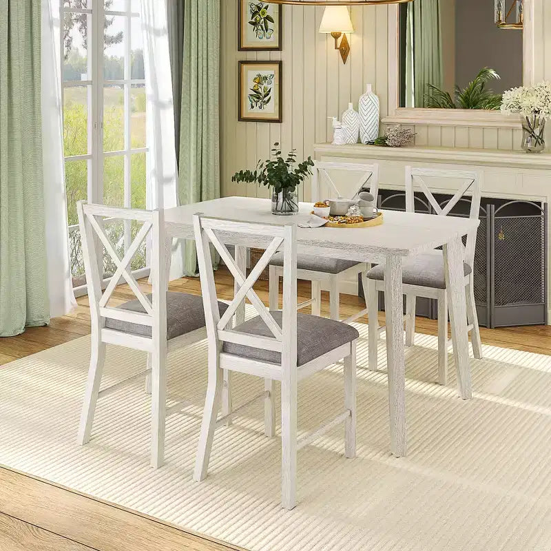 Ensemble de table à manger de style ferme VECELO, table en bois d'hévéa et chaises de salle à manger rembourrées, gris