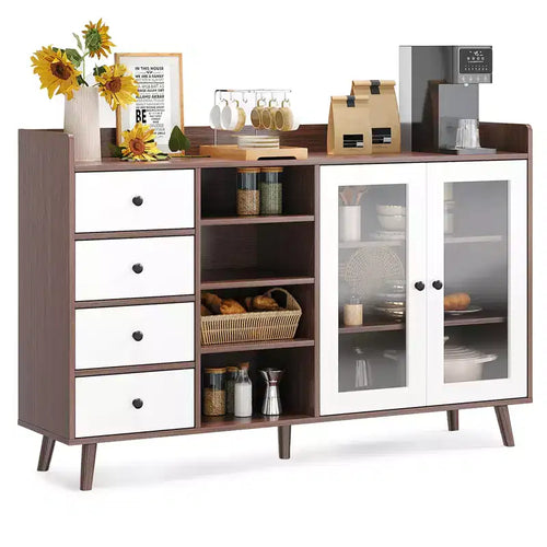 55 Buffet moderne, meuble de bar à café, étagères réglables et portes vitrées pour cuisine/salle à manger