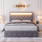 Cadre de lit double avec tête de lit réglable, port USB à chargement rapide, plateforme capitonnée, lumières LED, pas besoin de sommier tapissier, beige