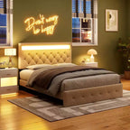 Full Size Bed Frame with Adjustable Headboard, Fast-charging USB Port, Upholstered Platform, LED Lights, No Box Spring Needed, Beige