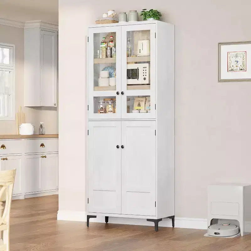 Meuble de rangement haut de 180 cm de style ferme, avec étagères réglables et 4 portes - Organisateur de garde-manger de salle de bain pour la cuisine, la salle à manger et le bureau