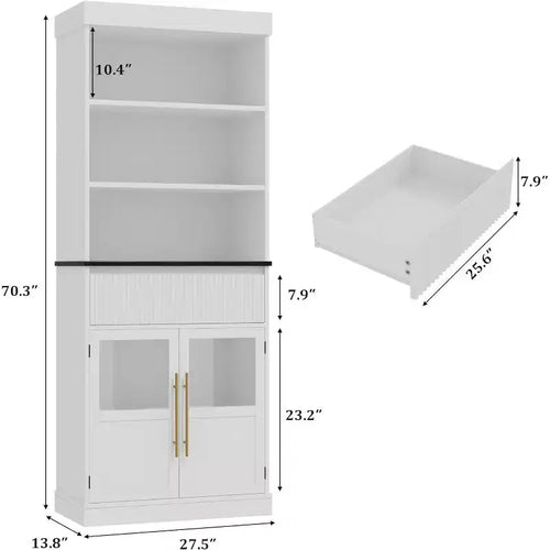 Élément haut de cuisine de 178 cm avec portes vitrées et tiroir - Rangement polyvalent pour le salon, le bureau, la salle à manger et l'entrée