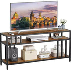 Meuble TV 65" pour téléviseurs jusqu'à 75", meuble de divertissement gris avec étagères de rangement ouvertes et support quadruple-tube