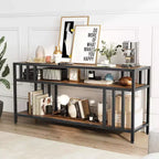 Meuble TV 65" pour téléviseurs jusqu'à 75", meuble de divertissement gris avec étagères de rangement ouvertes et support quadruple-tube