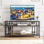 Meuble TV 65" pour téléviseurs jusqu'à 75", meuble de divertissement gris avec étagères de rangement ouvertes et support quadruple-tube