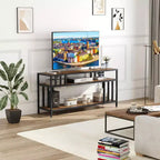 Meuble TV 65" pour téléviseurs jusqu'à 75", meuble de divertissement gris avec étagères de rangement ouvertes et support quadruple-tube