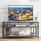 Meuble TV 65" pour téléviseurs jusqu'à 75", meuble de divertissement gris avec étagères de rangement ouvertes et support quadruple-tube