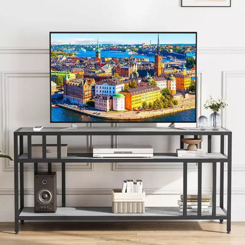 Meuble TV 65" pour téléviseurs jusqu'à 75", meuble de divertissement gris avec étagères de rangement ouvertes et support quadruple-tube
