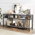 Meuble TV 65" pour téléviseurs jusqu'à 75", meuble de divertissement gris avec étagères de rangement ouvertes et support quadruple-tube
