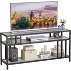 Meuble TV 65" pour téléviseurs jusqu'à 75", meuble de divertissement gris avec étagères de rangement ouvertes et support quadruple-tube