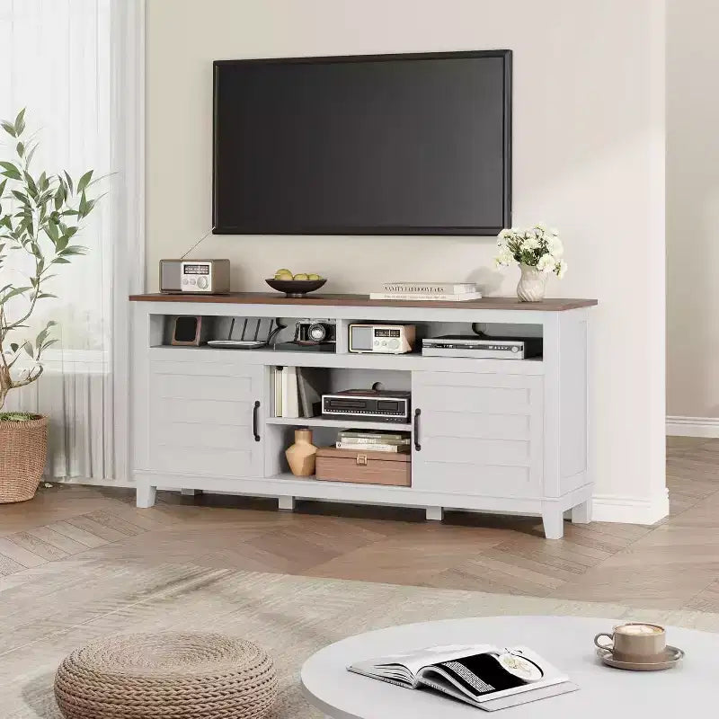 Meuble TV moderne Acekool pour téléviseur de 65 pouces, armoire à double porte semi-ouverte avec étagères réglables, 8 compartiments de rangement