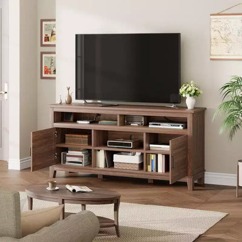 Meuble TV moderne Acekool pour téléviseur de 65 pouces, armoire à double porte semi-ouverte avec étagères réglables, 8 compartiments de rangement