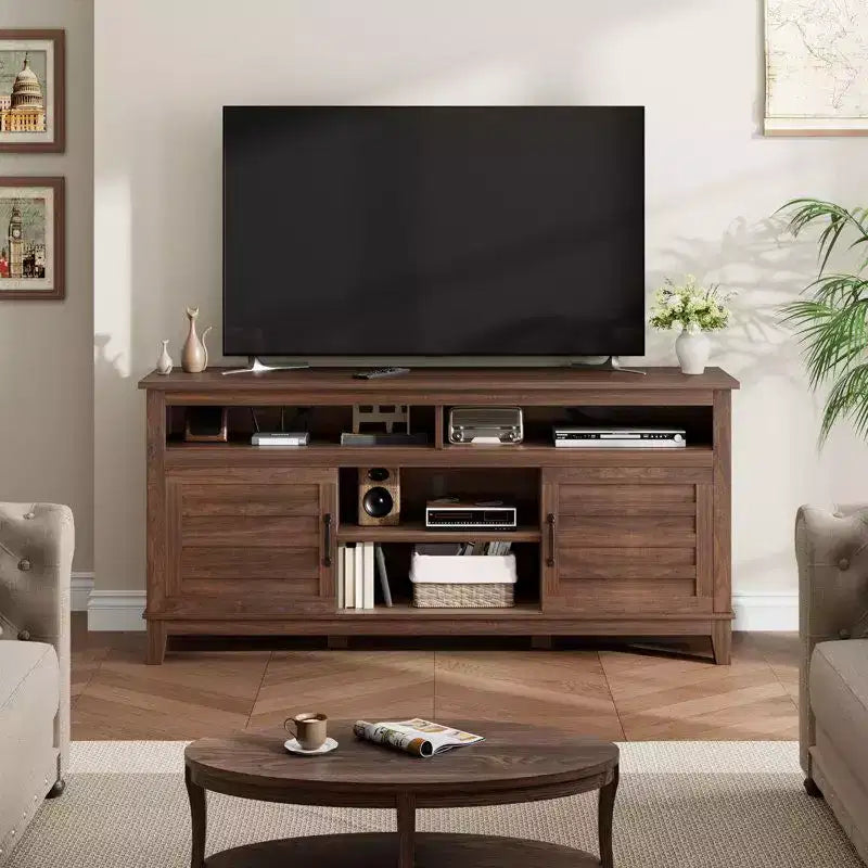 Meuble TV moderne Acekool pour téléviseur de 65 pouces, armoire à double porte semi-ouverte avec étagères réglables, 8 compartiments de rangement